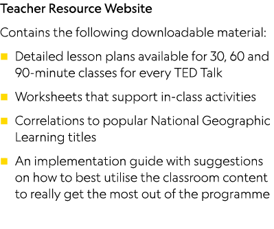 Teacher Resource Website Contains the following downloadable material: Detailed lesson plans available for 30, 60 and   