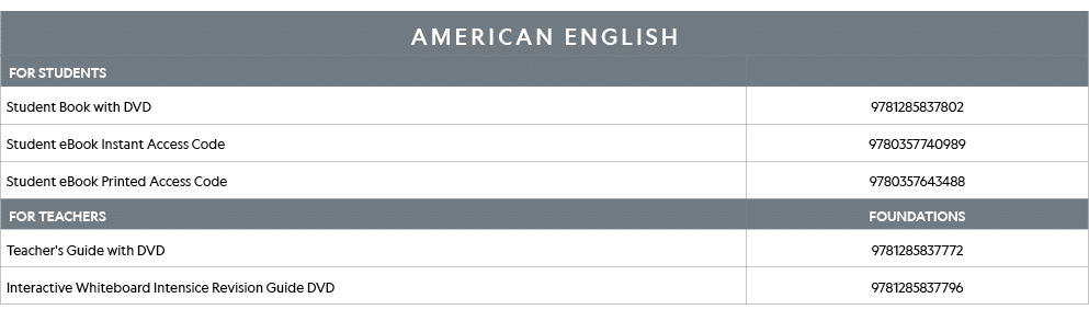 AMERICAN ENGLISH,FOR STUDENTS,,Student Book with DVD ,9781285837802,Student eBook Instant Access Code,9780357740989,S   