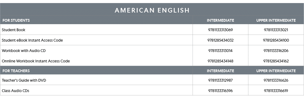 AMERICAN ENGLISH,FOR STUDENTS,INTERMEDIATE,UPPER INTERMEDIATE,Student Book ,9781133313069,9781133313021,Student eBook   