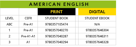 american ENGLISH,,,PRINT,,digital,LEVEL,CEFR,Student Book,,Student eBook,ABC,Pre-A1,9780357105474,,N A,1,Pre-A1,97803   