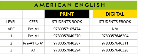 american ENGLISH,,,PRINT,,digital,LEVEL,CEFR,STUDENT S BOOK,,STUDENT S EBOOK,ABC,Pre-A1,9780357105474,,N A,1,Pre-A1,9   