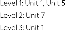 Level 1: Unit 1, Unit 5 Level 2: Unit 7 Level 3: Unit 1 