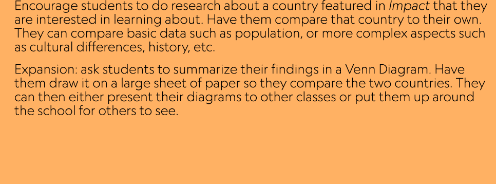 Encourage students to do research about a country featured in Impact that they are interested in learning about. Have...