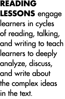 READING LESSONS engage learners in cycles of reading, talking, and writing to teach learners to deeply analyze, discu   