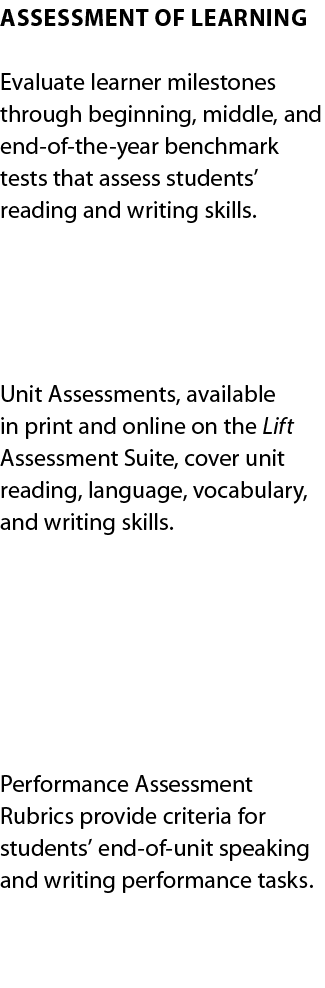 Assessment OF learning  Evaluate learner milestones through beginning, middle, and end-of-the-year benchmark tests th   