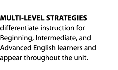  MULTI-LEVEL STRATEGIES differentiate instruction for Beginning, Intermediate, and Advanced English learners and appe   